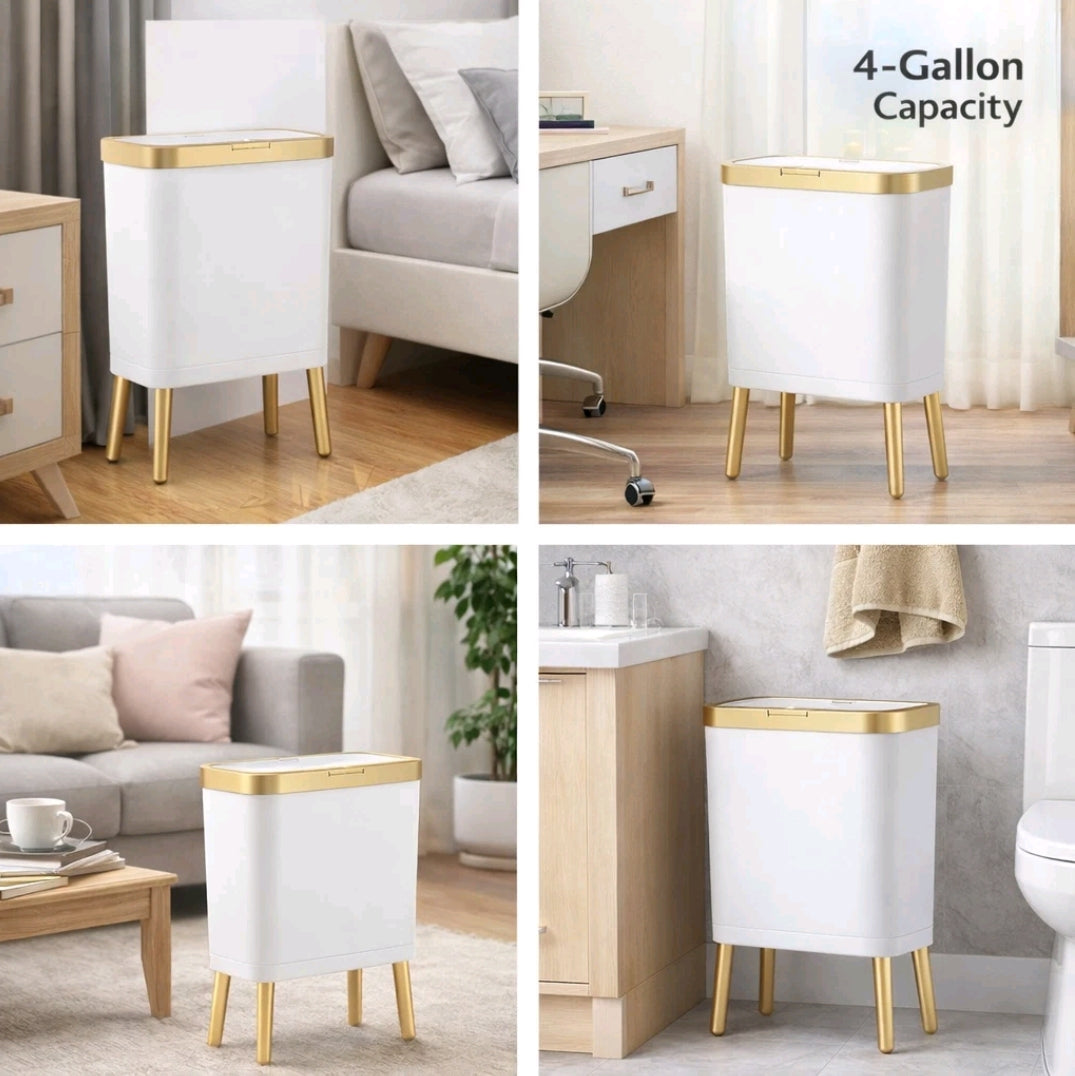 Modern Slim White and Gold Plastic Trash Can with Lid, 4-Gallon, Matte Finish