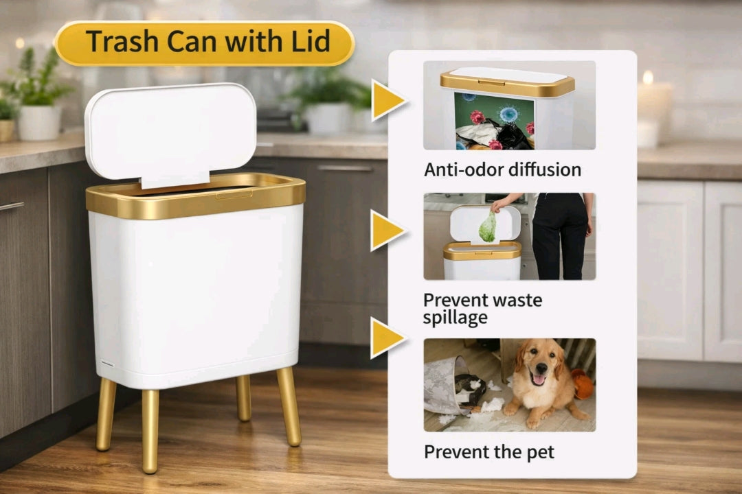 Modern Slim White and Gold Plastic Trash Can with Lid, 4-Gallon, Matte Finish