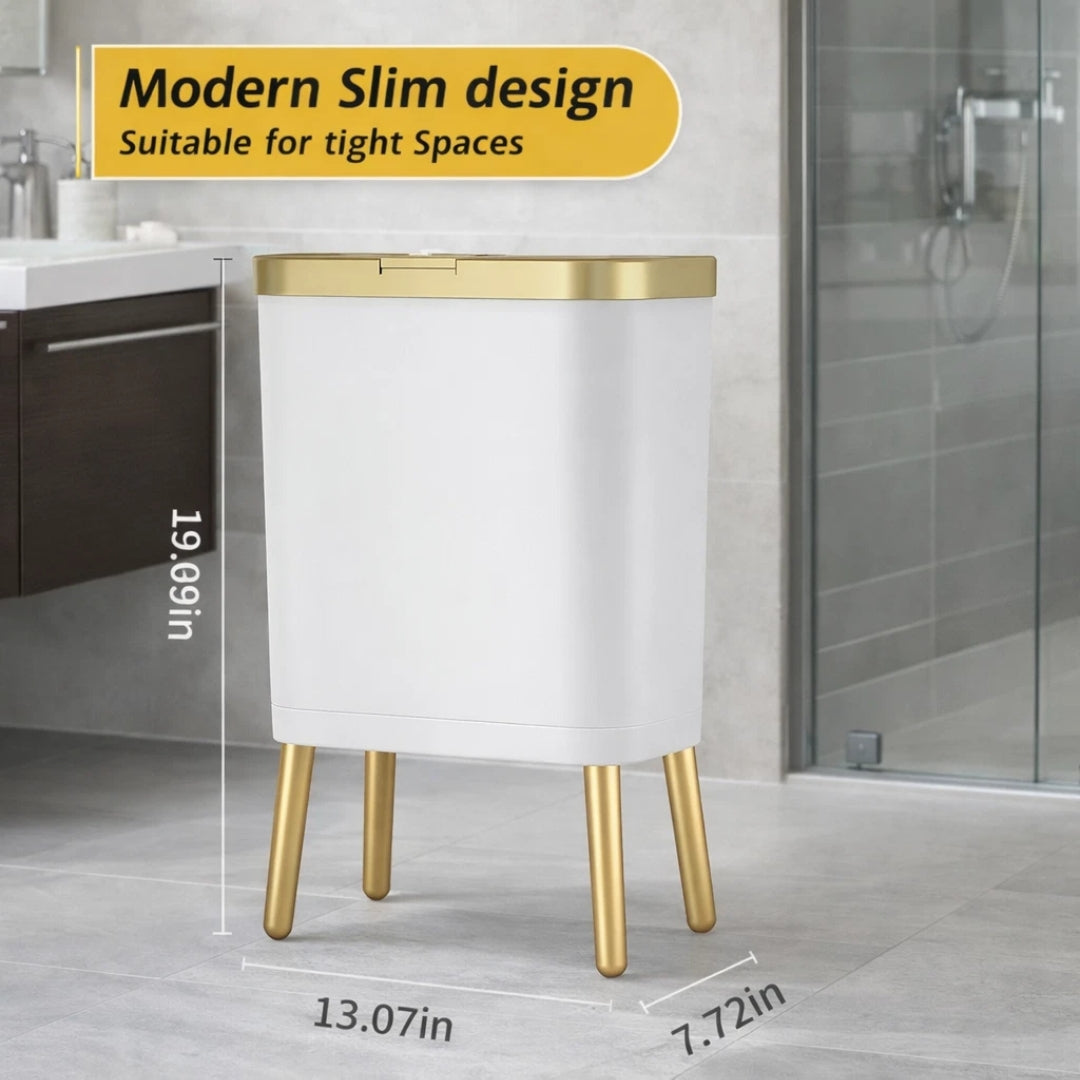 Modern Slim White and Gold Plastic Trash Can with Lid, 4-Gallon, Matte Finish