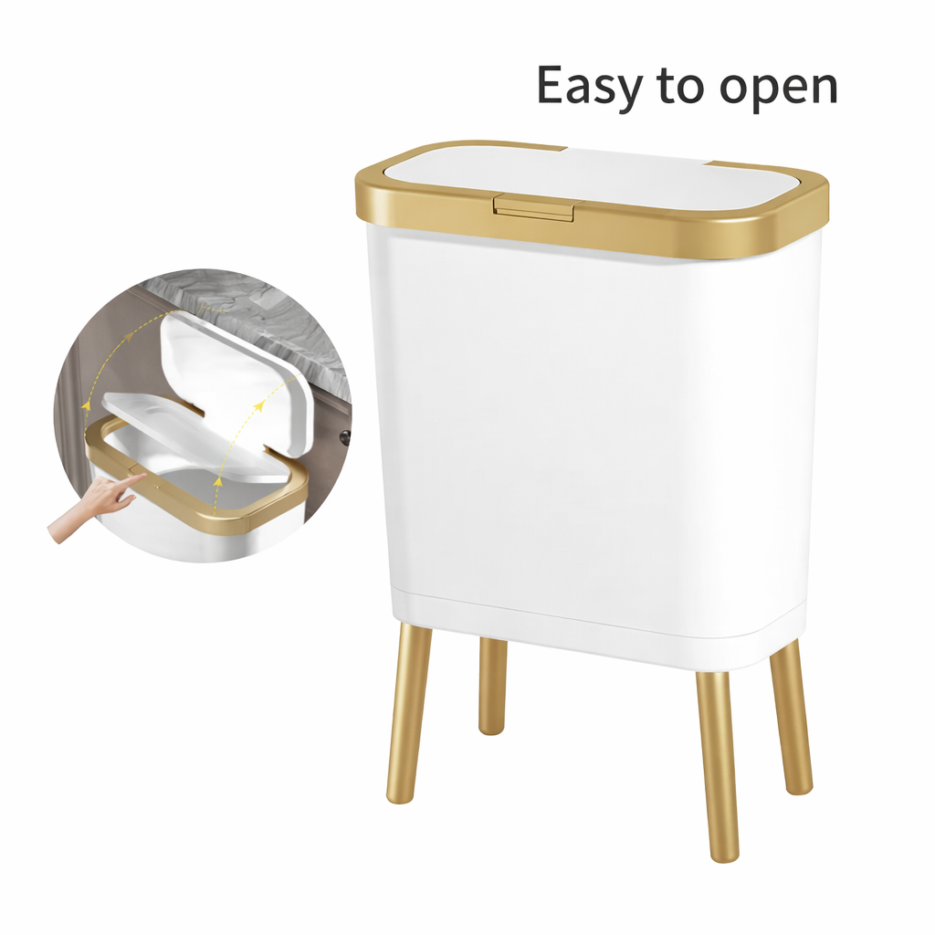 Modern Slim White and Gold Plastic Trash Can with Lid, 4-Gallon, Matte Finish